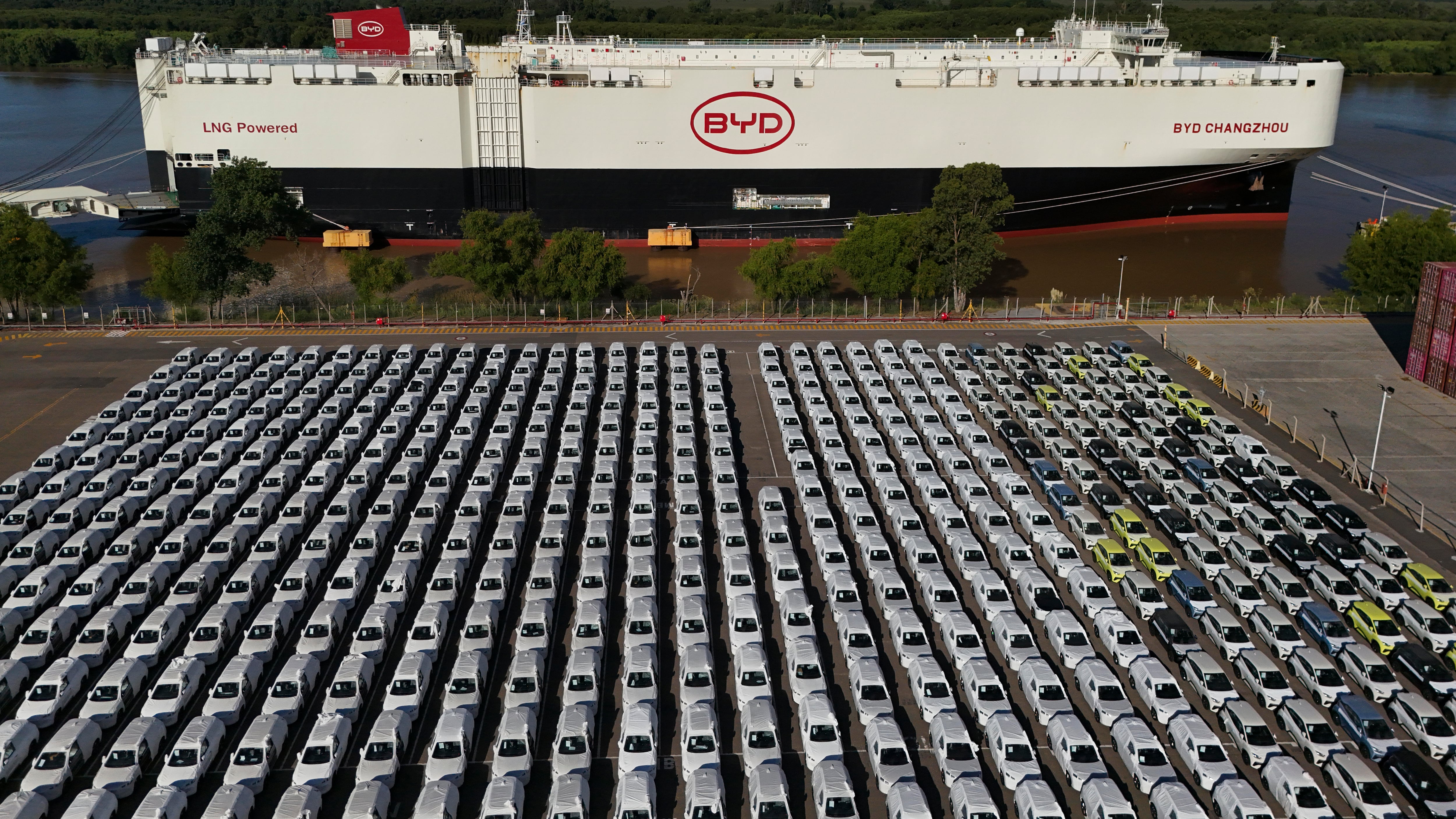 Frachter von BYD am Hafen von Zarate, Argentinien, am 20. Januar 2026.