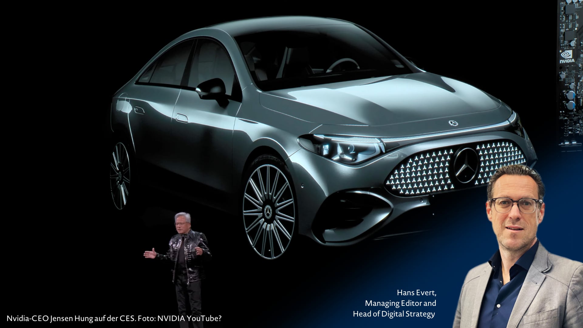 Montage: Nvidia-CEO Jensen Huang auf der CES 2026 und Automobilwoche-Redakteur Hans Evert