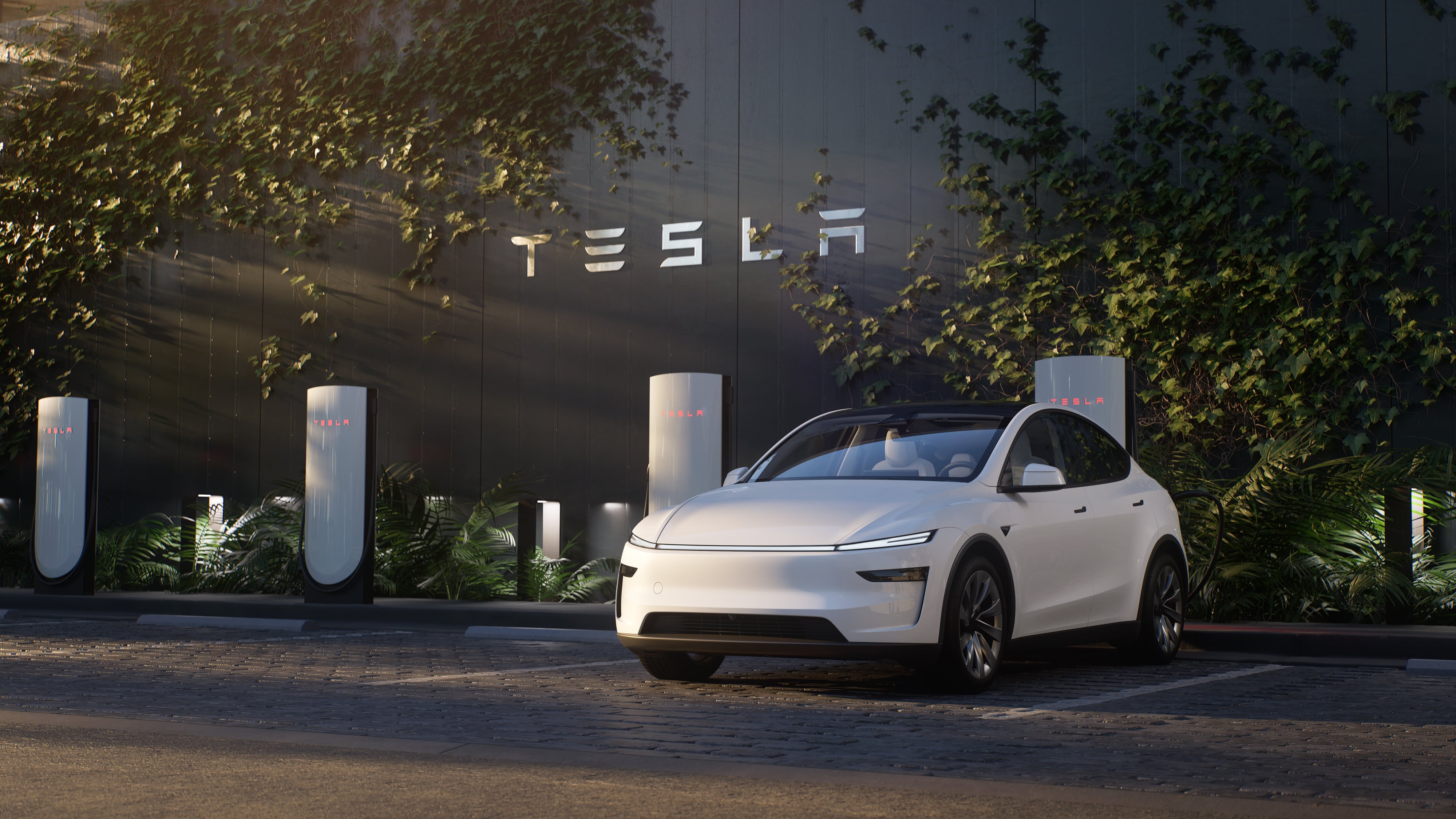 Ein Tesla Model Y parkt vor mehreren Superchargern von Tesla. Im Hintergrund ist eine schwarze Wand mit Tesla-Schriftzug